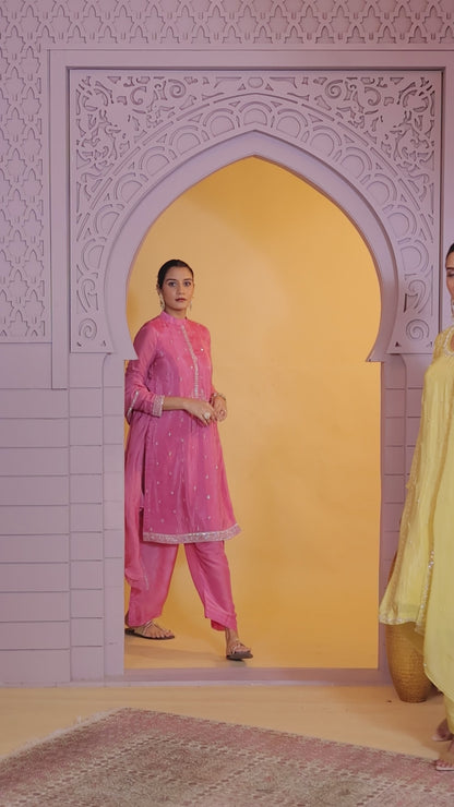 Satin Silk Yellow Party Wear Pattern Pc Work Readymade Salwar Suit 386171