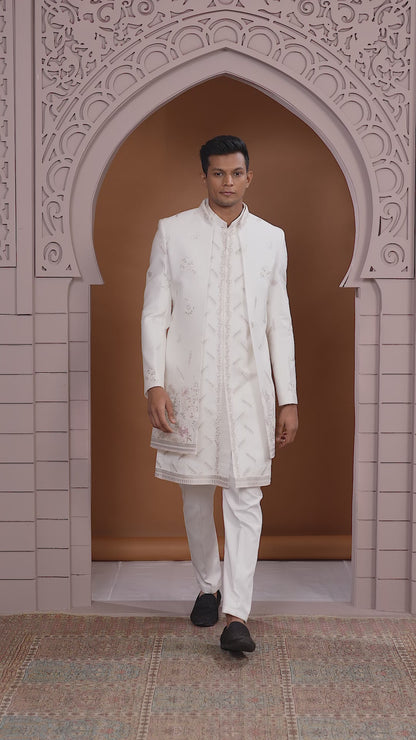 Art Silk White Wedding Wear Embroidery Work Readymade Indo Western Sherwani 386010