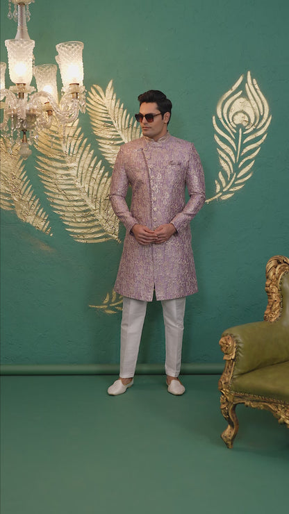 Art Silk Purple Wedding Wear Hand Embroidery Readymade Groom Sherwani 386004