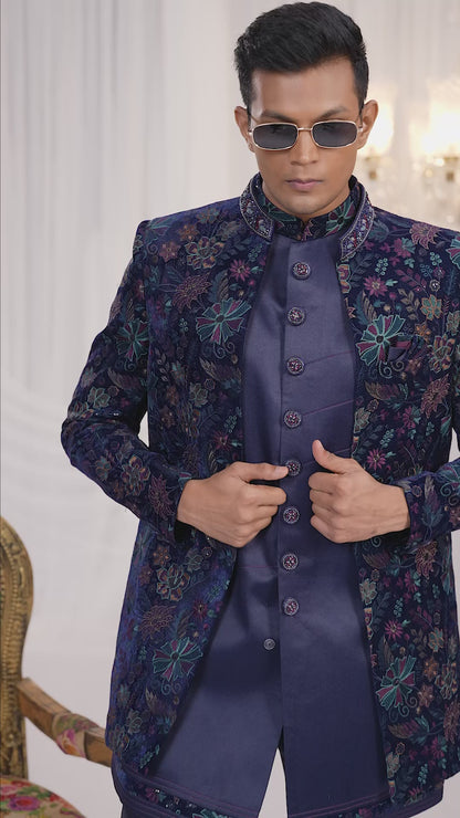 Velvet Silk Navy Blue Wedding Wear Computer Thread Work Readymade Indo Western Sherwani 386027