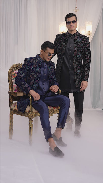 Velvet Silk Black Wedding Wear Computer Thread Work Readymade Indo Western Sherwani 386028