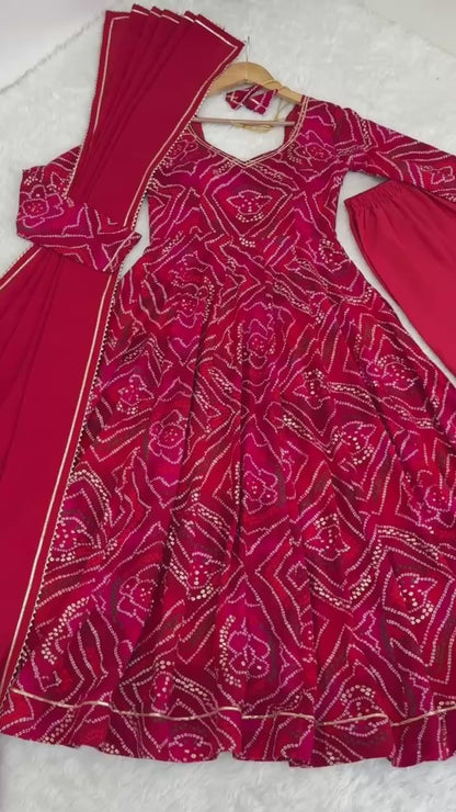 Viscose Rayon Red Festival Wear Bandhani Print Readymade Anarkali Gown 385968