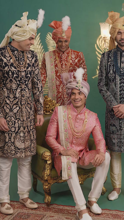 Banarasi Jacquard Peach Wedding Wear Hand Embroidery Readymade Groom Sherwani 385995