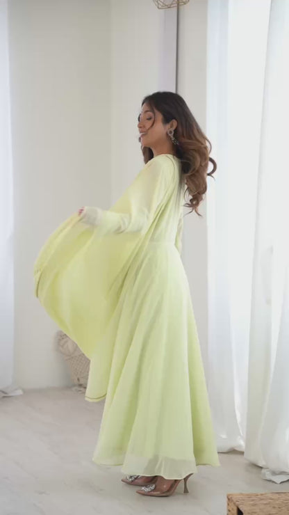 Faux Georgette Pista Festival Wear Gotta Patti Work Readymade Anarkali Gown 385969