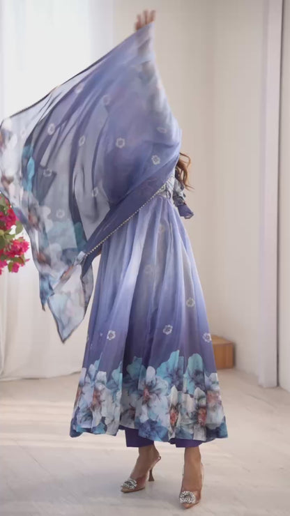 Organza Blue Festival Wear Digital Print Work Readymade Gown 384607
