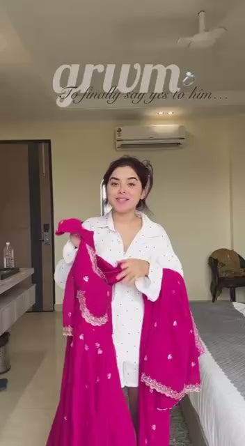 Faux Georgette Rani Pink Festival Wear Embroidery Work Readymade Anarkali Gown 385965