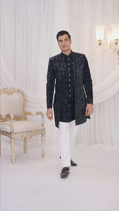 Velvet Silk Dark Teal Green Wedding Wear Computer Thread Work Readymade Indo Western Sherwani 386026