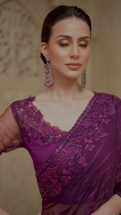 Georgette Violet Party Wear Embroidery Work Saree 385711