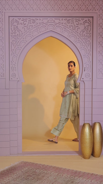 Satin Silk Green Party Wear Pattern Pc Work Readymade Salwar Suit 386170