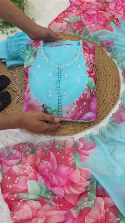 Faux Georgette Sky Blue Festival Wear Digital Print Work Readymade Anarkali Suit 384893