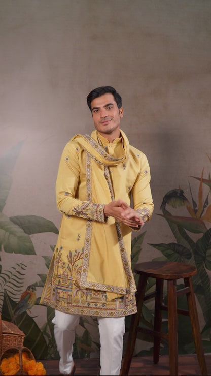 Viscose Silk Mustard Yellow Party Wear Embroidery Work Readymade Kurta With Dupatta 377162