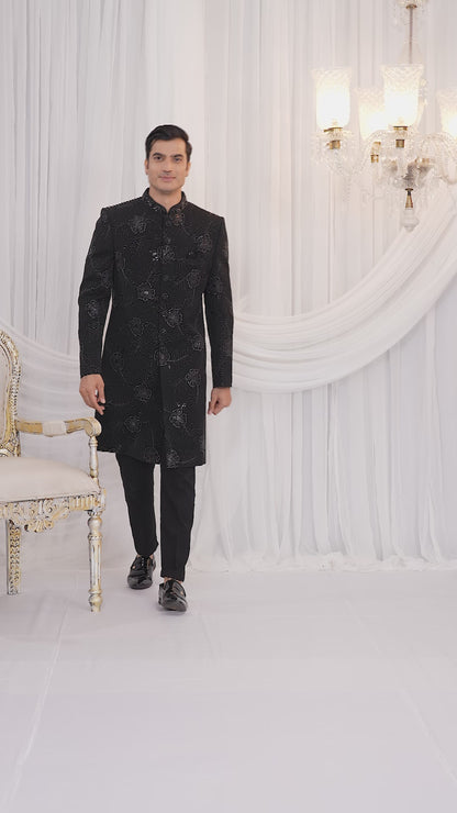 Art Silk Black Wedding Wear Computer Thread Work Readymade Indo Western Sherwani 386024
