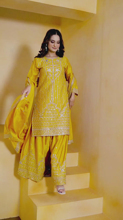 Natural Crape Yellow Festival Wear Sequin Embroidery Work Readymade Plazzo Suit 386160
