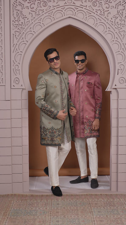 Art Silk Olive Green Wedding Wear Embroidery Work Readymade Indo Western Sherwani 386013