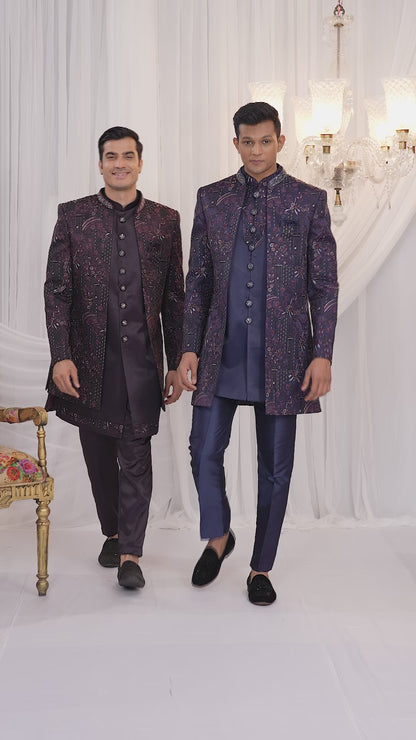 Velvet Silk Navy Blue Wedding Wear Computer Thread Work Readymade Indo Western Sherwani 386029