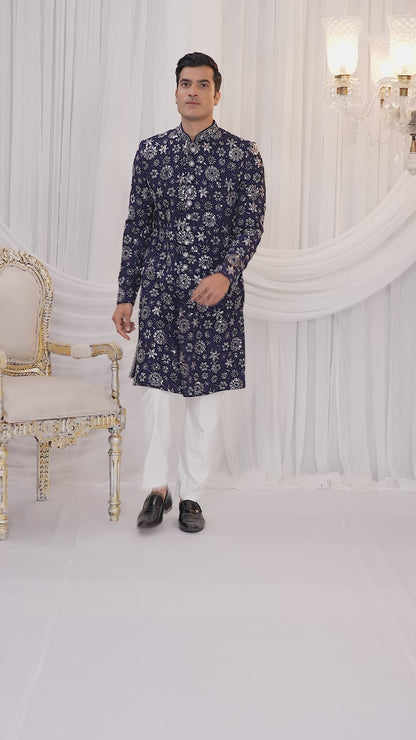 Art Silk Blue Wedding Wear Computer Thread Work Readymade Indo Western Sherwani 386020