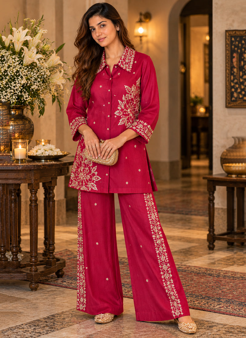 Readymade Crimson Red Embroidered Shirt Style Co-Ord Set 270838