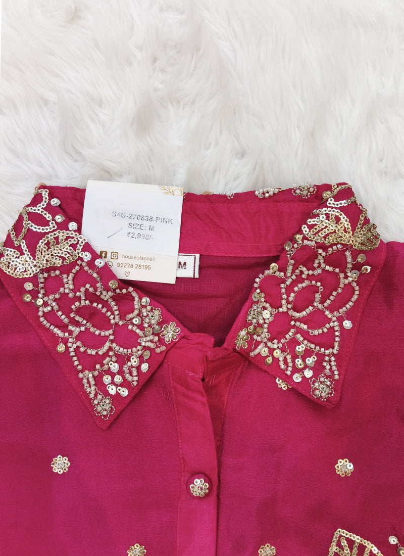 Readymade Crimson Red Embroidered Shirt Style Co-Ord Set 270838
