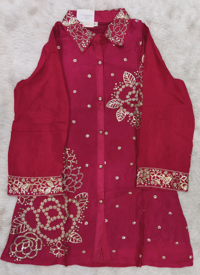 Readymade Crimson Red Embroidered Shirt Style Co-Ord Set 270838