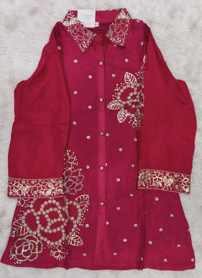 Readymade Crimson Red Embroidered Shirt Style Co-Ord Set 270838