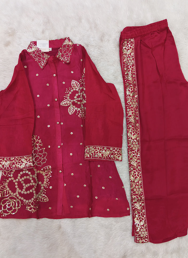 Readymade Crimson Red Embroidered Shirt Style Co-Ord Set 270838