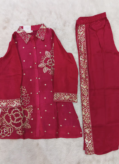 Readymade Crimson Red Embroidered Shirt Style Co-Ord Set 270838