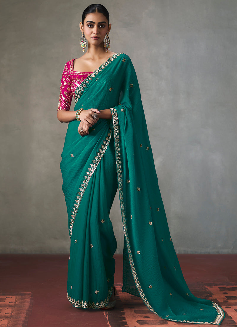 Teal Green Silk Embroidery Work Festive Wear Saree SW405338