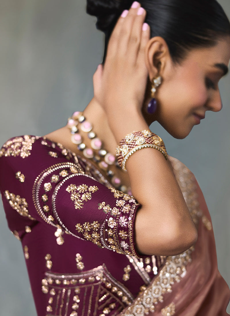 Dusty Rose Silk Embroidery Work Festive Wear Saree SW405339
