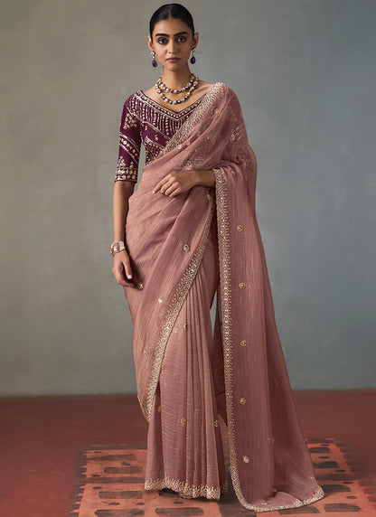 Dusty Rose Silk Embroidery Work Festive Wear Saree SW405339