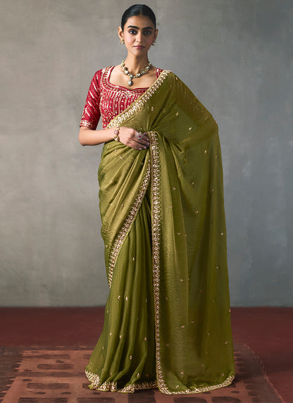 Lime Green Silk Embroidery Work Festive Wear Saree SW405340