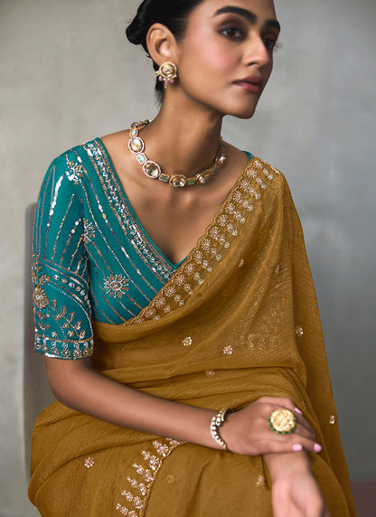Mustard Silk Embroidery Work Festive Wear Saree SW405341