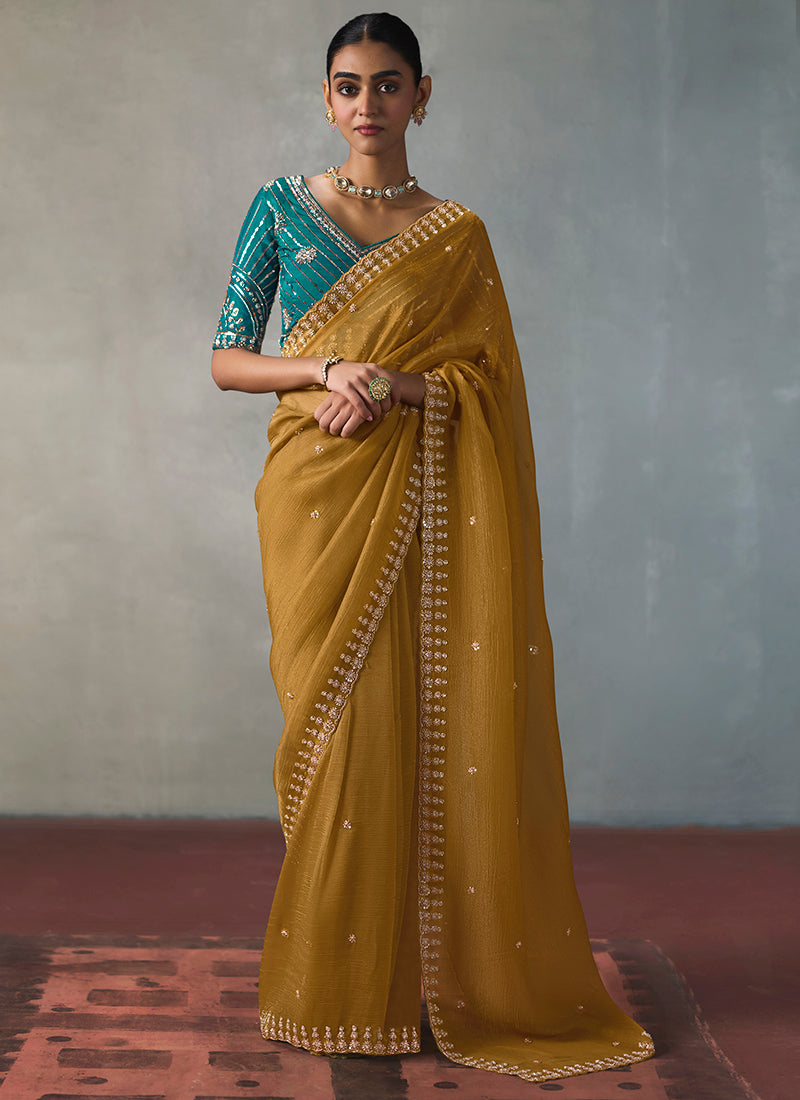 Mustard Silk Embroidery Work Festive Wear Saree SW405341