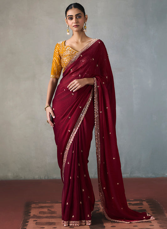Maroon Silk Embroidery Work Festive Wear Saree SW405342