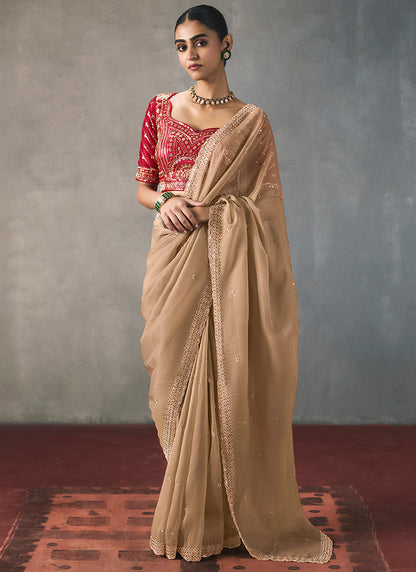 Beige Silk Embroidery Work Festive Wear Saree SW405343