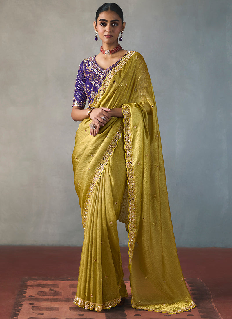 Lime Yellow Silk Embroidery Work Festive Wear Saree SW405344