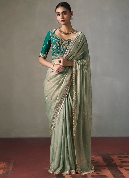 Sage Green Silk Embroidery Work Festive Wear Saree SW405345