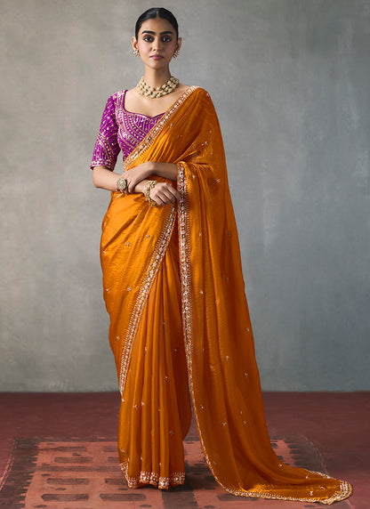 Orange Silk Embroidery Work Festive Wear Saree SW405346