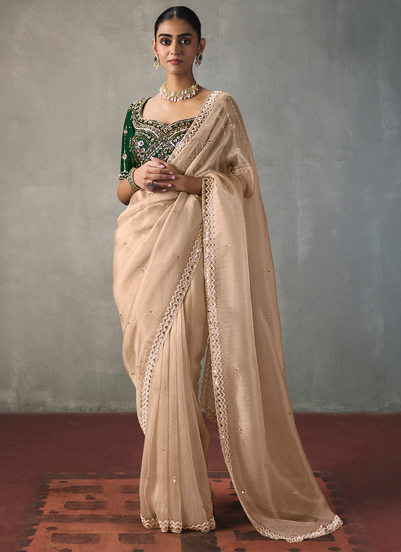 Cream Silk Embroidery Work Festive Wear Saree SW405347