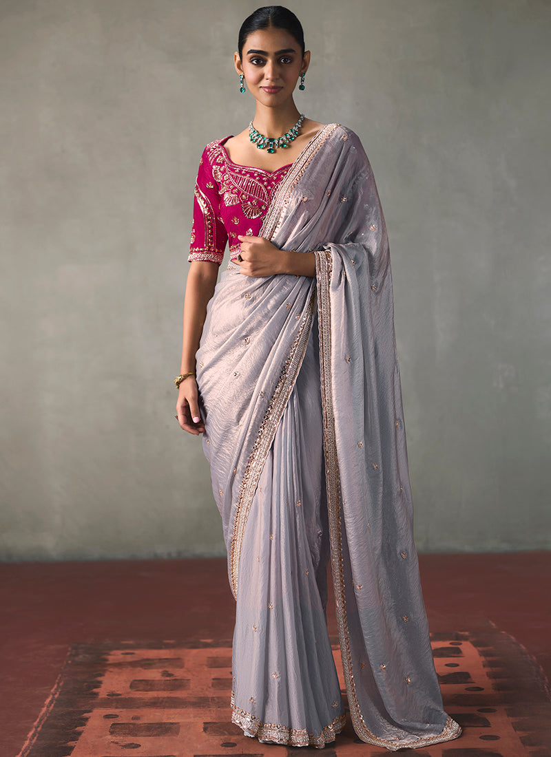 Light Grey Silk Embroidery Work Festive Wear Saree SW405348