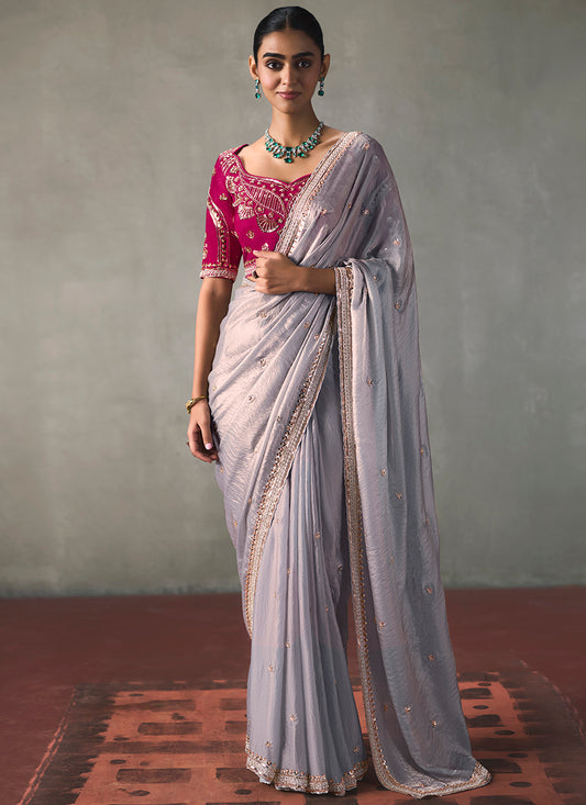 Light Grey Silk Embroidery Work Festive Wear Saree SW405348