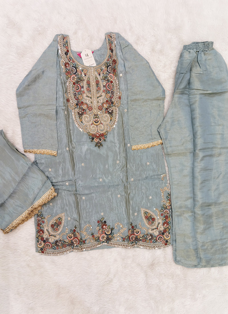 Sky Blue Floral Embroidered Readymade Sharara Set with Dupatta A1277