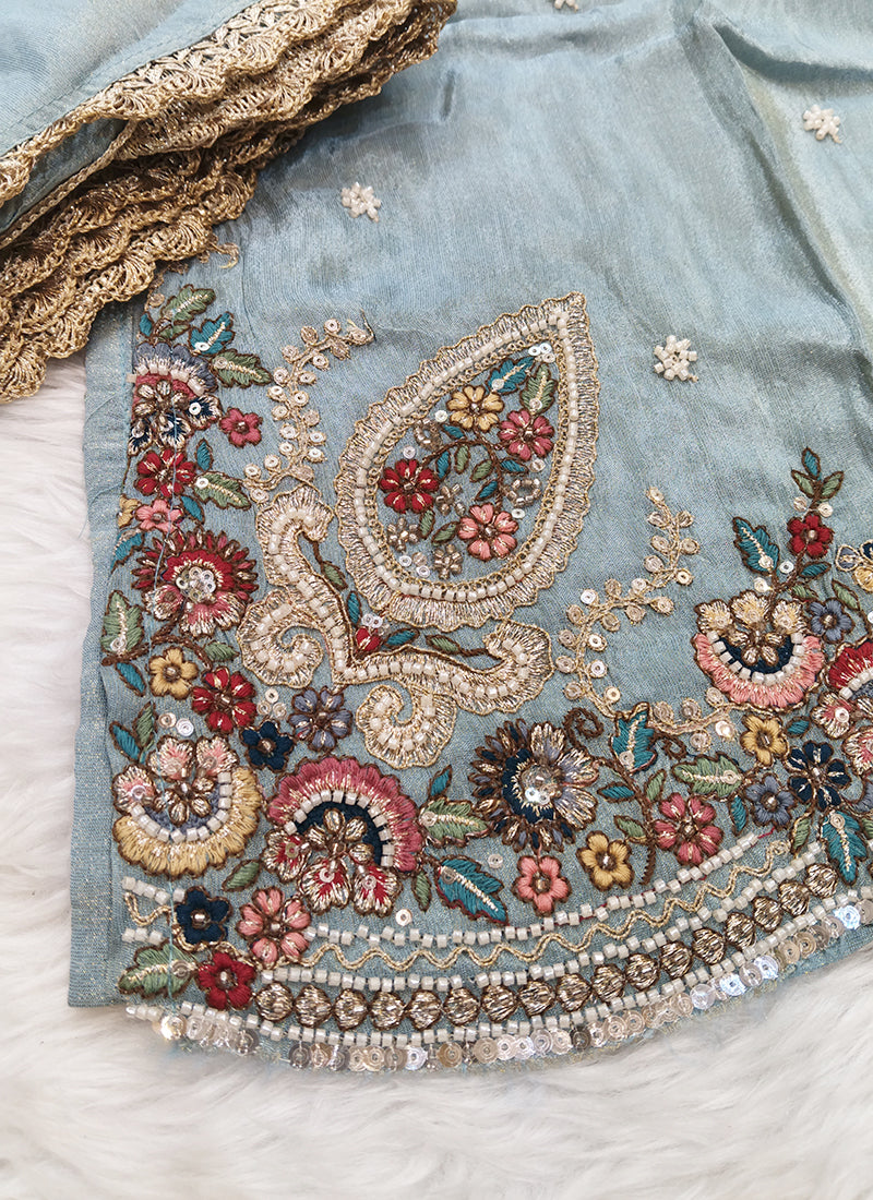 Sky Blue Floral Embroidered Readymade Sharara Set with Dupatta A1277