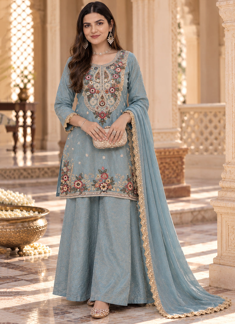 Sky Blue Floral Embroidered Readymade Sharara Set with Dupatta A1277