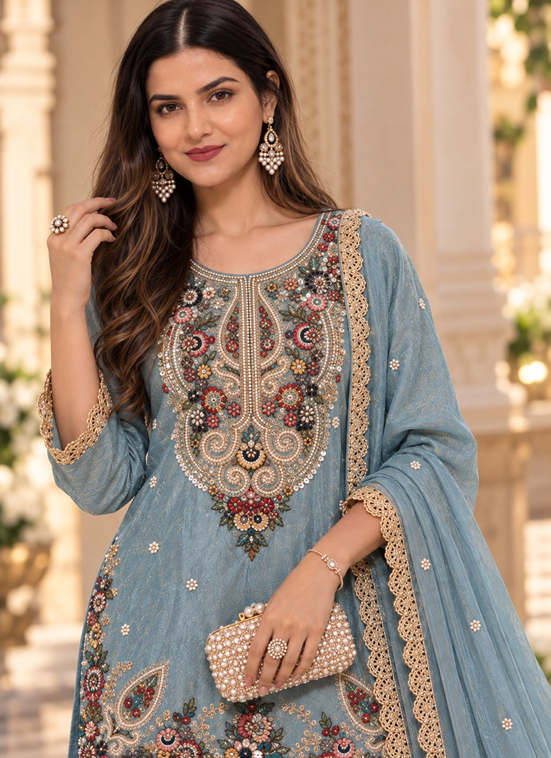 Sky Blue Floral Embroidered Readymade Sharara Set with Dupatta A1277