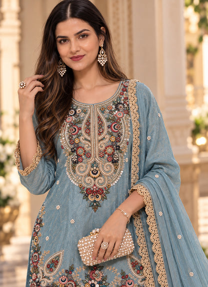 Sky Blue Floral Embroidered Readymade Sharara Set with Dupatta A1277