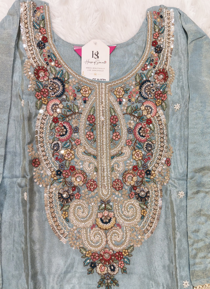 Sky Blue Floral Embroidered Readymade Sharara Set with Dupatta A1277