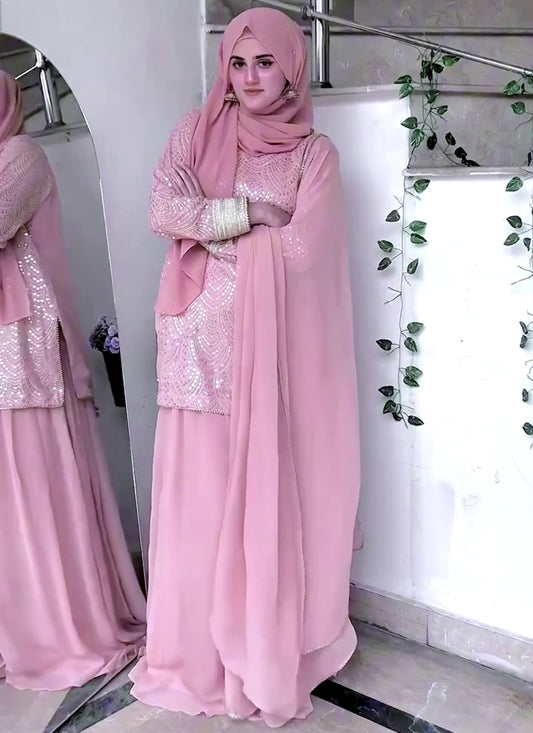 Faux Georgette Light Pink Eid Wear Embroidery Work Readymade Plazzo Suit 387199