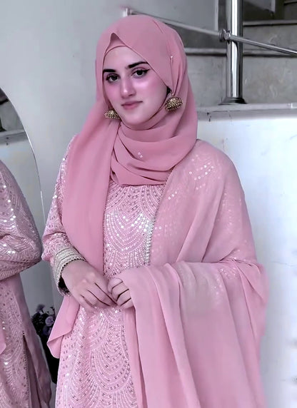 Faux Georgette Light Pink Eid Wear Embroidery Work Readymade Plazzo Suit 387199